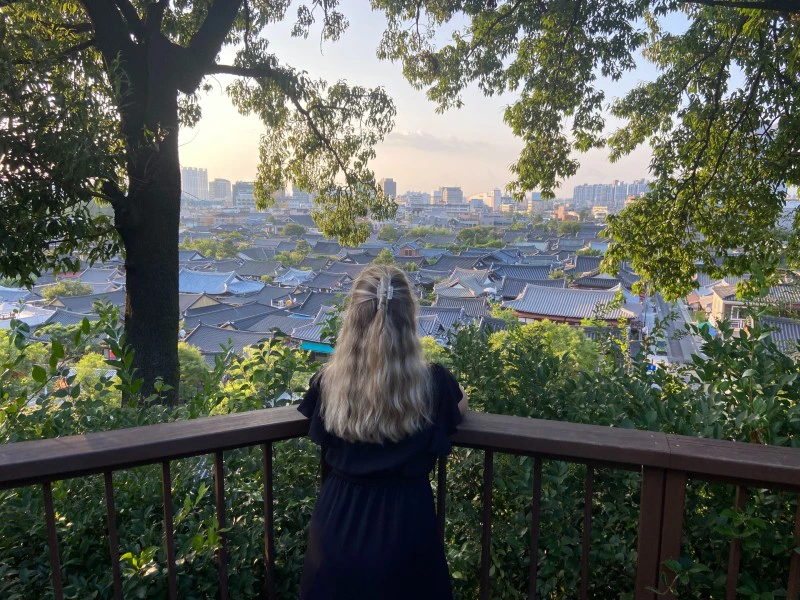 Touristin blickt über die Dächer eines traditionellen Viertels in Südkorea